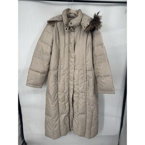 Dana Buchman Down Feather Long Puffer Coat Women XL Biege Fur Trim Old Money